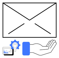 Open hand holding a large envelope, analytics dashboard, and cogwheel for email optimization. Ideal for communication, analytics, support, email marketing, technology, customer care and innovation