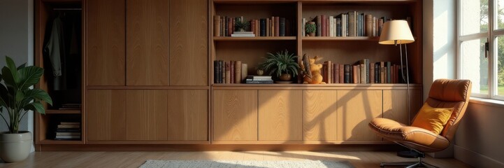 Sleek cupboard, books, lamp, chair, cushion, cozy reading nook, texture, nook, chair