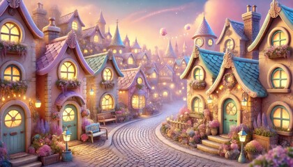 Fototapeta premium Fantasy village with cozy fairy-tale houses, warm glowing windows, and cobblestone streets under a dreamy pastel sky.