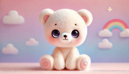 Fototapeta premium Adorable fluffy white teddy bear with big black eyes sitting in a pastel-colored dreamy background. Soft and cute plush toy illustration.