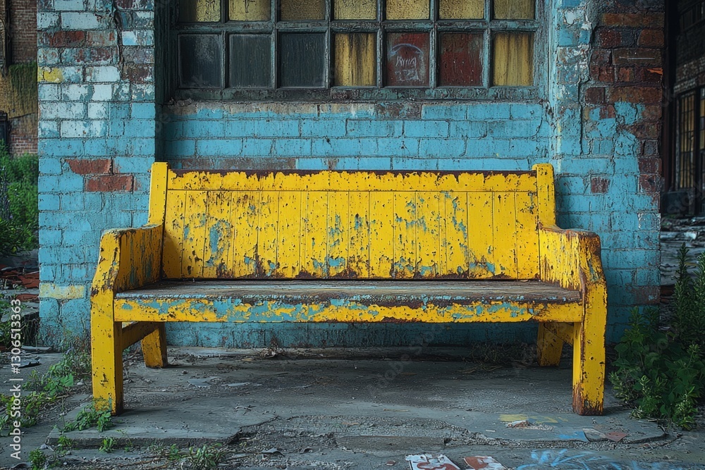 Poster A simple outdoor scene featuring a yellow bench situated in front of a brick building, ideal for use as a background or prop in various settings