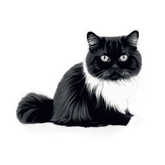 Black and white fluffy cat sits. Isolated png image on transparent background. Cat illustration, style hand-drawn.