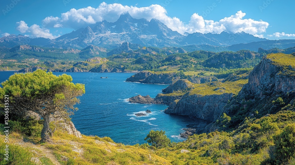 Poster scenic view of the ocean and mountains with no people in sight