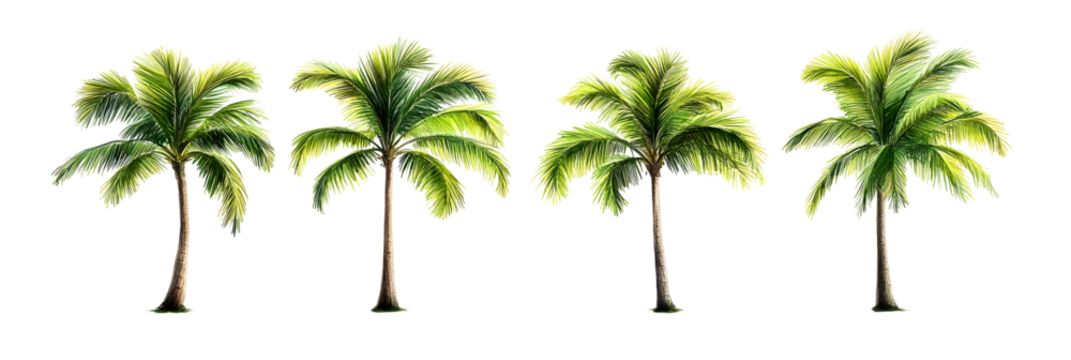 Set of green palm trees, isolated on white or transparent background