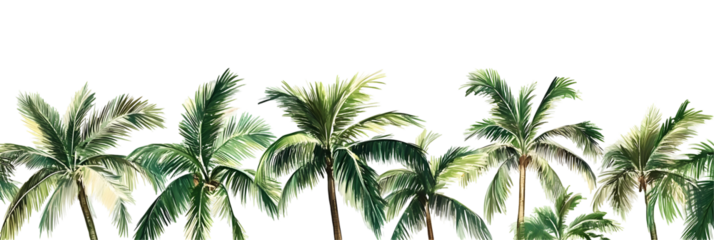Set of green palm trees, on white or transparent background