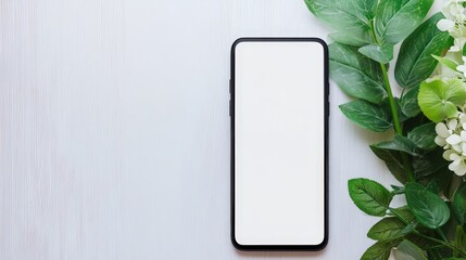Smartphone on Wooden Table Surrounded by Green Leaves and White Flowers