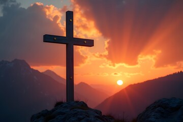 Christian cross on a background with dramatic lighting, colorful mountain sunset, dark clouds and sky and sunbeams.