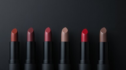 Obraz premium Aesthetic Arrangement of Lipstick Tubes in Various Shades on a Dark Surface, Ideal for Beauty Products and Makeup Promotions