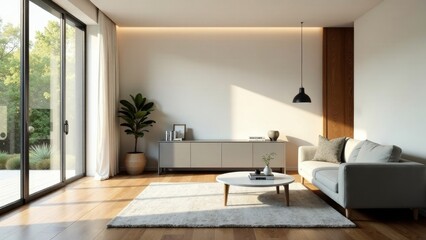 Modern minimalist living room interior design showcasing a light grey sofa, contemporary media console, and a soft rug, bathed in natural sunlight streaming through large windows