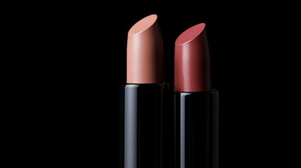 Obraz premium Close-up of two elegant lipstick tubes with vibrant colors against a dark background, perfect for beauty and cosmetic promotions and branding purposes