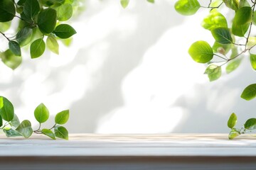 Green Leaves Frame White Wooden Surface with Natural Light Backdrop