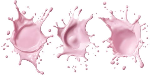 Set of splashes of pink milky liquids similar to smoothie, yogurt or cream, isolated on white or transparent background