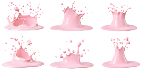 Set of splashes of pink milky liquids similar to smoothie, yogurt or cream, on white or transparent background