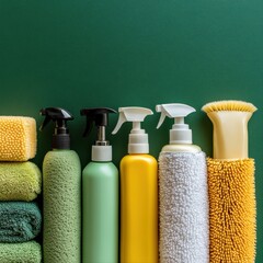 Diverse range of cleaning products displayed on a countertop for efficient home and office maintenance