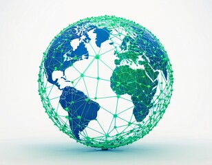 Stylized digital globe logo, featuring interconnected lines and dots to symbolize global connectivity and advanced technology, in cybernetic blue and digital green colors, white background
