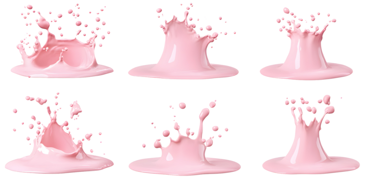 Set of splashes of pink milky liquids similar to smoothie, yogurt or cream, on white or transparent background