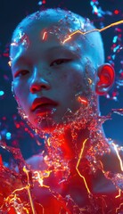 Surrealistic fashion photography of an Asian boy with no hair.