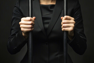 A woman in a business suit holds onto the bars of a prison cell. A person of high status, perhaps a businessman or civil servant. Internal barriers that prevent one from moving forward.