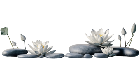 Tranquil spa stones complement lotus blooms, isolated on white or transparent background