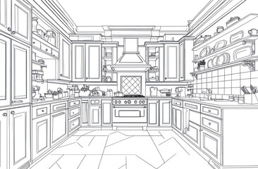 Fototapeta premium Detailed blueprint of a classic kitchen design, showcasing cabinets, appliances, and countertops.