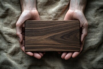 Two hands gently hold a dark brown rectangular wooden board, showcasing its rich grain.