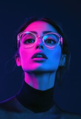 Fashion photography a model with pink and blue lighting on her face.