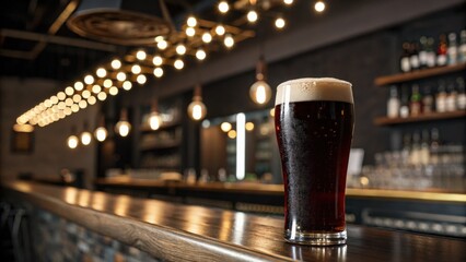 Freshly Poured Dark Beer in a Trendy Bar with Ambient Lighting