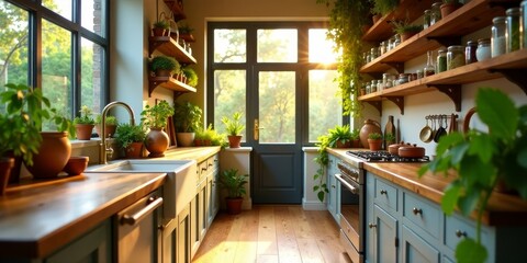 Sunlit Kitchen with Abundant Greenery and Rustic Wooden Shelving Featuring an array of potted plants, herbs, and spices