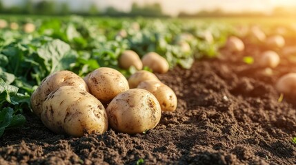 Freshly Harvested Organic Potatoes on Farmland A Close-up View Under Golden Evening Light.
