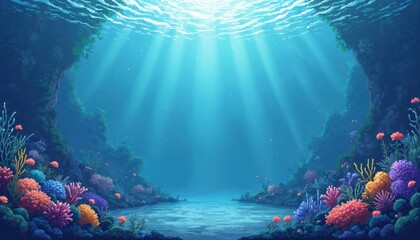 8bit pixel art ocean background with gradient of blue, white colors. Underwater coral reef, with sun rays. Pixelated sea texture, perfect for retro game design, wallpaper or illustration.