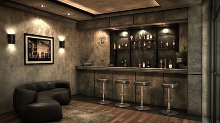 A contemporary home bar with conveniently placed sockets.