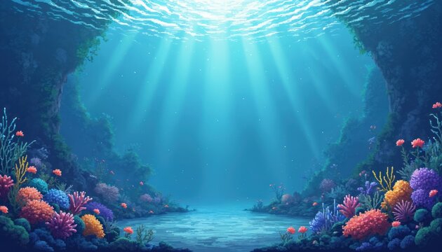 8bit pixel art ocean background with gradient of blue, white colors. Underwater coral reef, with sun rays. Pixelated sea texture, perfect for retro game design, wallpaper or illustration.