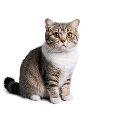 Obraz premium Cute cat sits. Brown tabby fur and amber eyes. Isolated image, transparent background, png.
