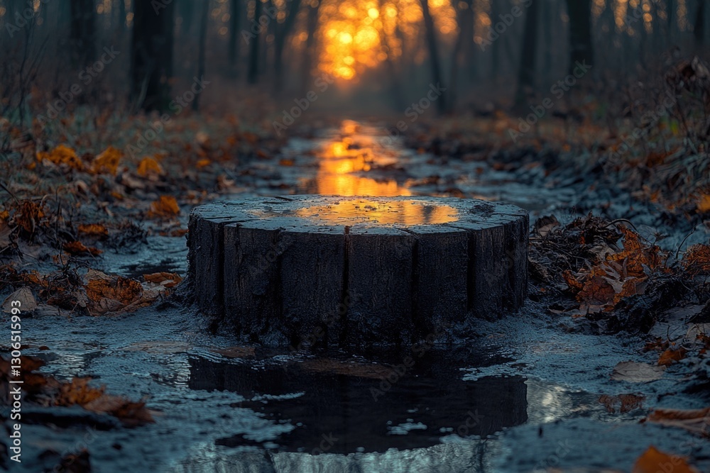 Poster a still life image of a small puddle of water sitting on top of a tree stump