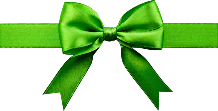 A vibrant green satin ribbon is tied into a perfect bow, showcasing its luxurious texture. The bow sits atop a matching ribbon strip against a black background.