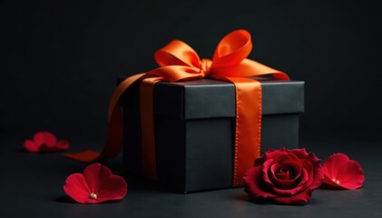 Elegant black gift box, orange ribbon, single rose Dark background , love, ribbon, flower