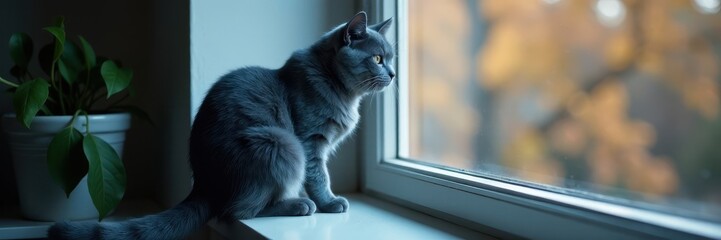 Elegant Russian Blue cat perched on window sill, indoor, animal
