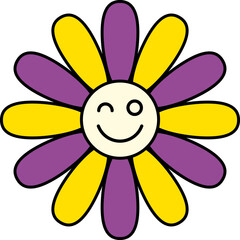 Cute and colorful collection of spring Happy Flowers with smiling faces. Groovy daisy flowers set. Flat color icons. Simple flower silhouette Retro vintage style Vector illustration .