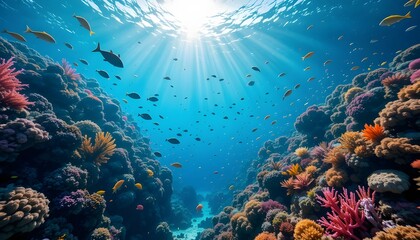 Obraz premium Vibrant Coral Reef Ecosystem Teeming With Diverse Tropical Fish Under Sunlit Waters