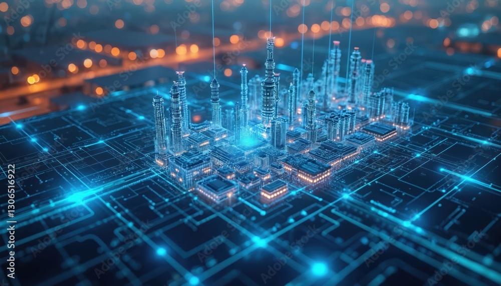 Aufkleber advanced industrial internet of things smart city concept abstract 3d holographic display of high te