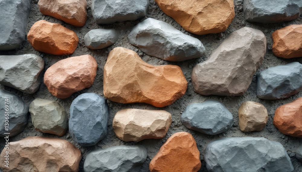 Poster stone wall seamless texture with various irregular rough rocks. grey, blue, brown tones. rock garden
