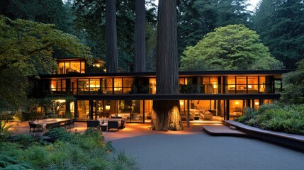Fototapeta premium A house near a forest edge, with large trees looming over the structure.