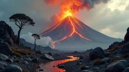 A fiery volcanic eruption illuminates the landscape, its incandescent lava flowing down the mountainside, while resilient trees stand steadfast near a tranquil stream amid a rugged, rocky terrain.