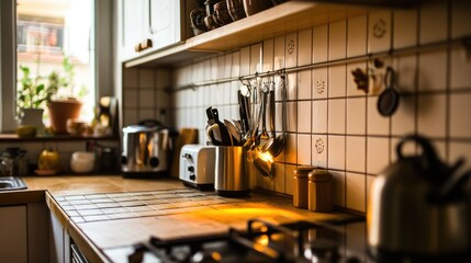 A kitchen countertop with under-cabinet sockets for small appliances.