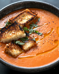 Rich tomato soup served with crispy toasted bread and herbs Generative AI