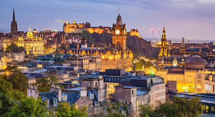 Edinburgh skyline after sunset, view from Calton Hill, Scotland