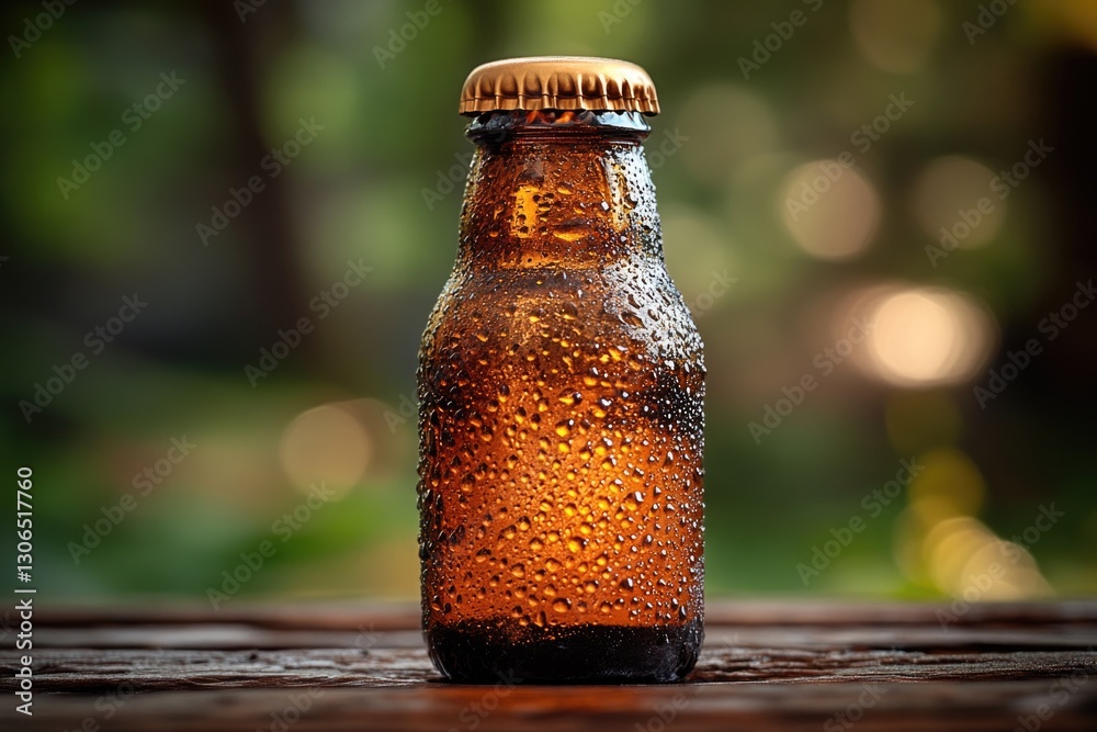 Poster a beer bottle resting on a wooden table surface, perfect for a pub or bar setting