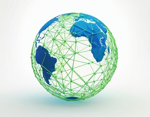 Stylized digital globe logo, featuring interconnected lines and dots to symbolize global connectivity and advanced technology, in cybernetic blue and digital green colors, white background