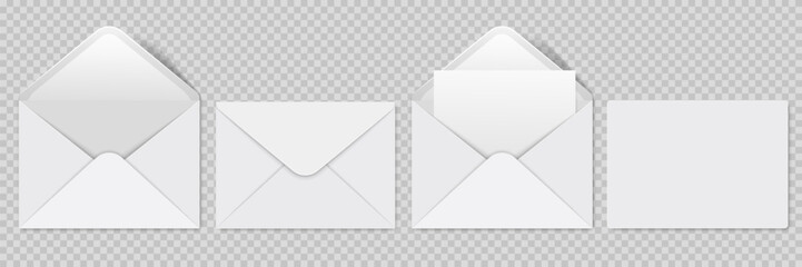 Set of white envelopes. Blank open and closed envelopes mockup. Empty template for branding identity design, mail presentation, for office messages or documents sending. Realistic vector illustration