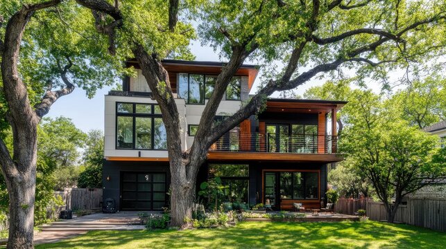 A large tree with overgrown branches dangerously close to a modern house.
